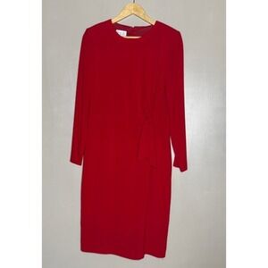 David Warren Red Sheath Dress Long Sleeve Tie Waist Midi Career Size 8